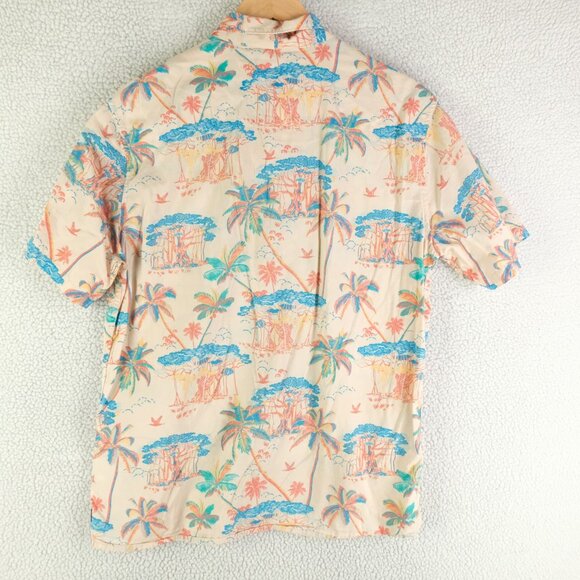 Roark Shirt Mens Medium Tan Blue Hawaiian Camp Button Up Palm Tree 100% Cotton - Picture 3 of 8